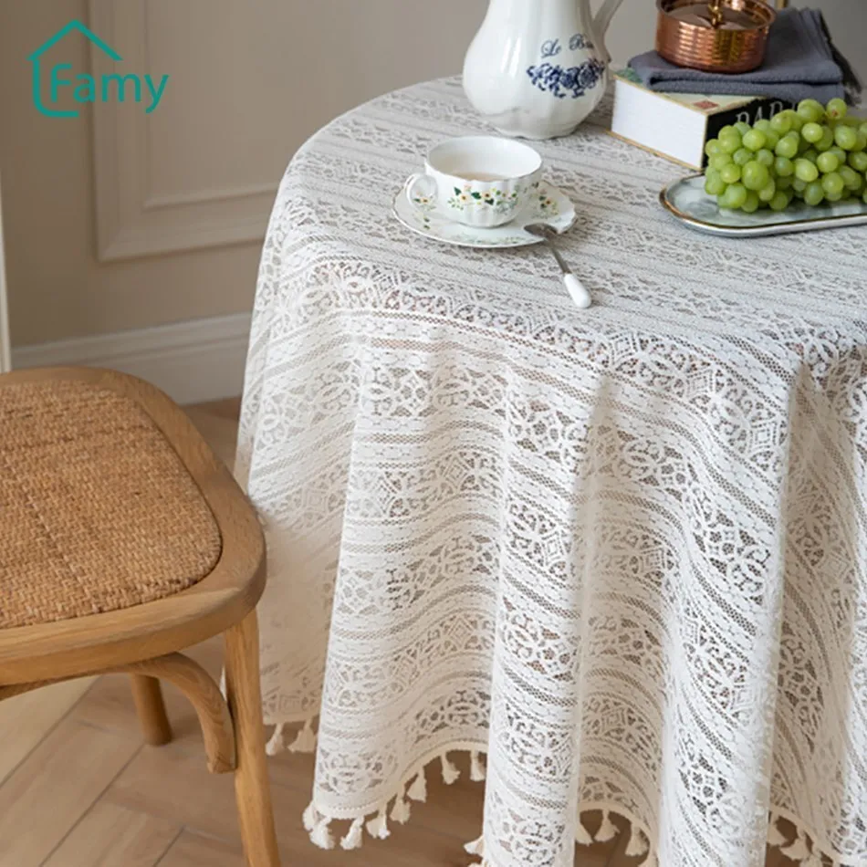

French Embroidered Round Tablecloth Lace Crocheted Beige Pastoral Hollow Coffee Dinning Table Cloth Shooting Background Mat