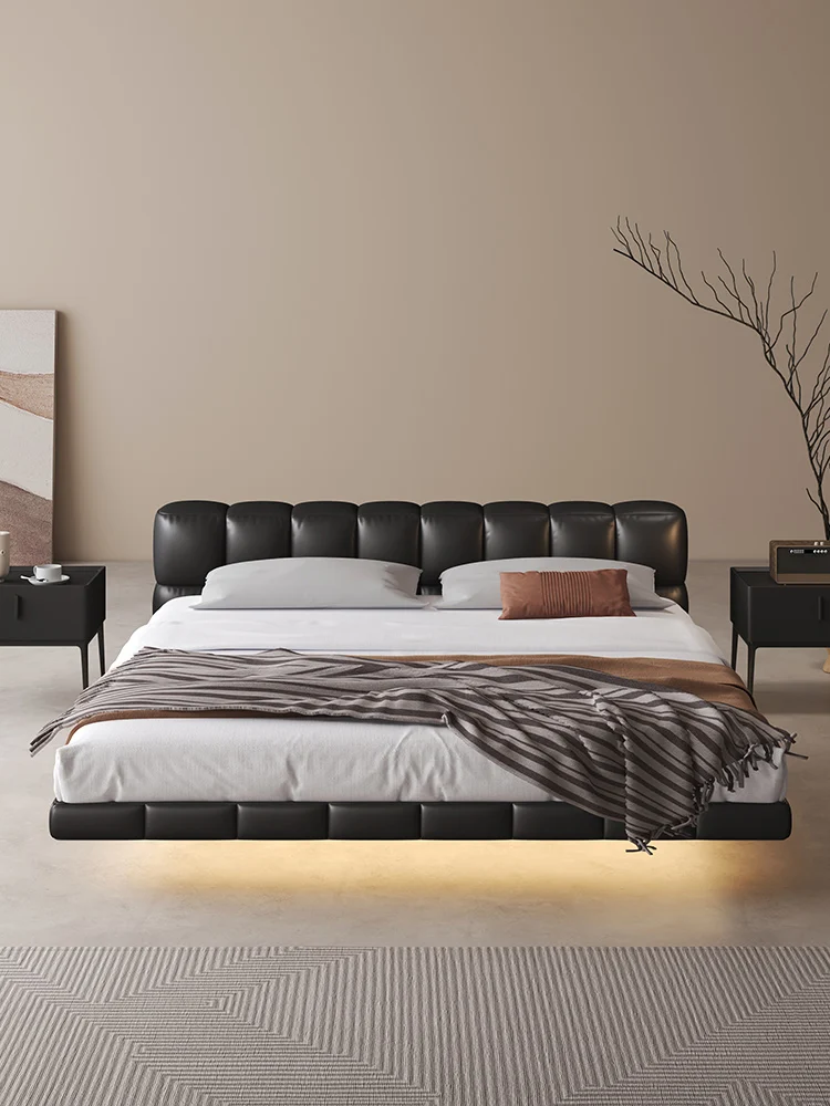 

Italian extremely simple suspended bed black bean curd block leather bed modern bubble bed simple soft bag double bed