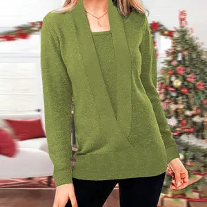Women Knitted Solid Color Deep V Neck Fake Two Piece Long Sleeve Sweater V Neck Women's Tops Women Tops And Blouses Long Sleeve