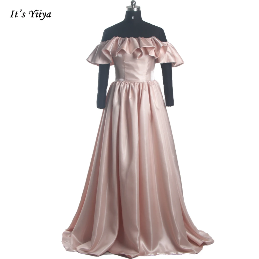 

Evening Dress Shiny Pink Ruffles Off the Shoulder Short Sleeeves Lace up Pleat A-line Floor Length Plus size Party Dresses B1438