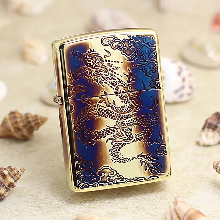 

Подлинная масляная Зажигалка Zippo, медная ветрозащитная китайская Зажигалка для сигарет с драконом, Золотая керосиновая зажигалка, подарок, ...