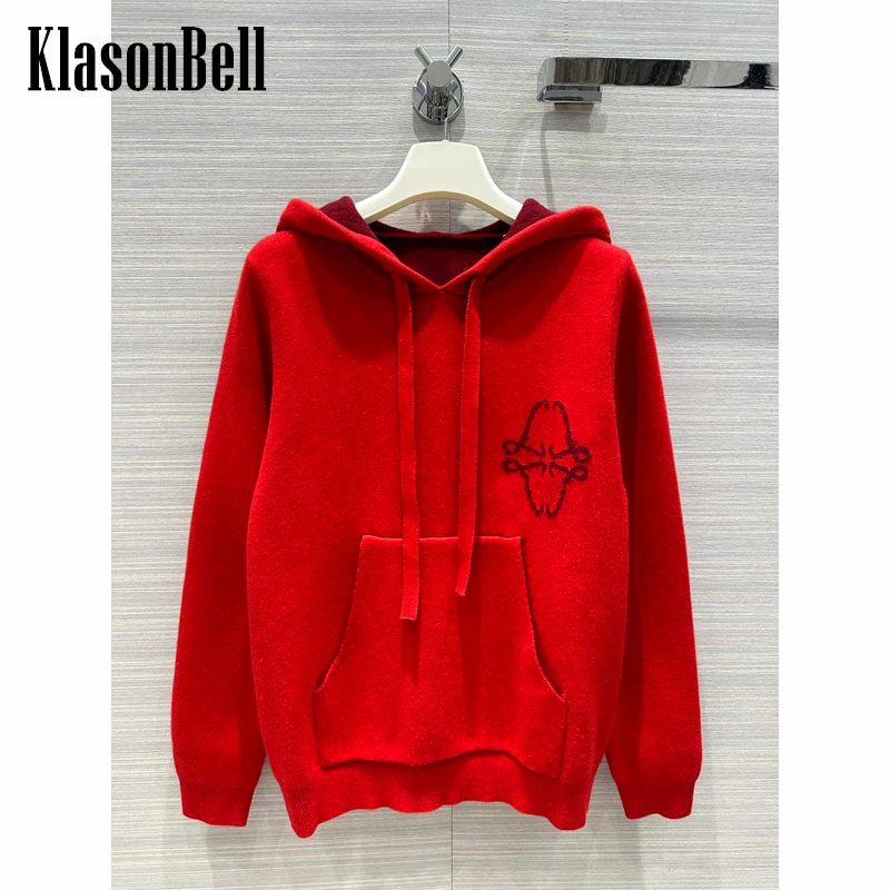 

12.19 KlasonBell Comfortable Soft Cashmere Knitted Hooded Drawstring Letter Red Pullover Sweater Women