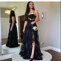 black evening dress a line sweetheart floor length side slit spaghetti strap lace appliques backless elegant party prom gown