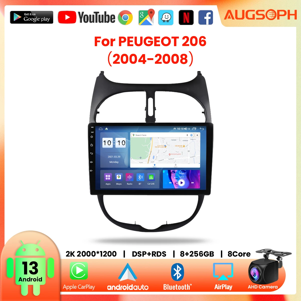 

Автомобильный радиоприемник Android 13 для PEUGEOT 206 2004-2008, 9 дюймов 2K мультимедийный плеер с 4G Car Carplay и 2Din GPS