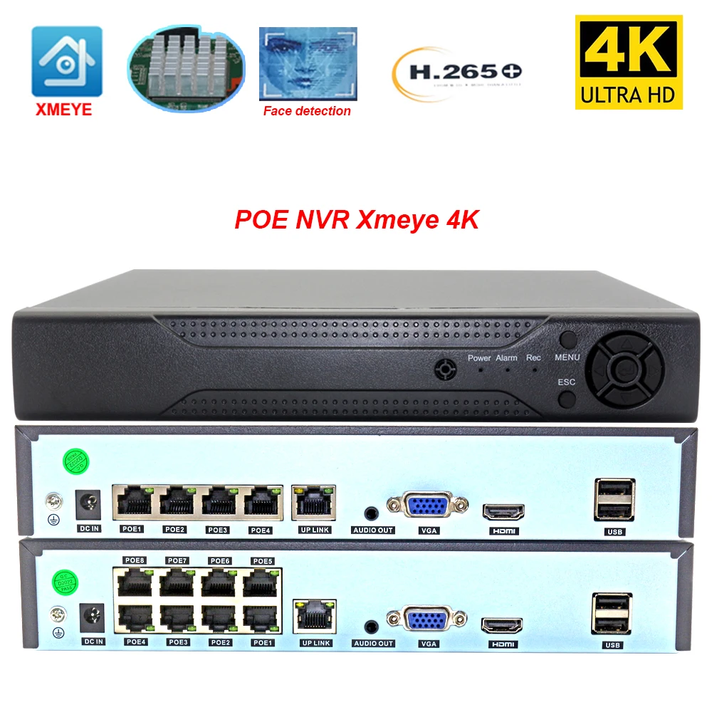 

Видеорегистратор Xmeye 4K 4Ch POE NVR, 8-канальный видеорегистратор для 48 в POE 8MP 5MP, IP-камера видеонаблюдения, распознавание лица, аудио-выход, Onvif P2P