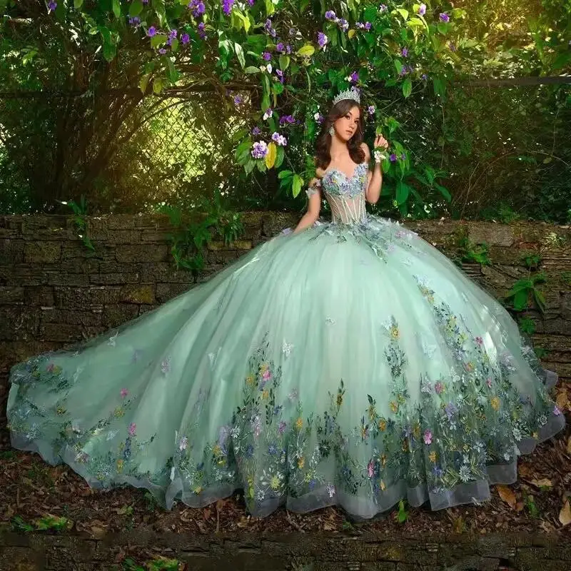Мятно-зеленое платье Quinceanera с 3D кружевной аппликацией и бисером тюлевой корсет