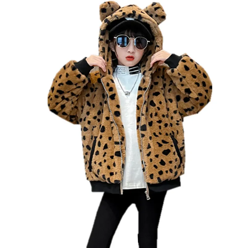 Fashion New Teen Girl Winter Jacket Leopard Hooded Faux Fur Thick Toddler Warm Coat Children's Clothes Outerwear 6 8 10 12 14Yrs