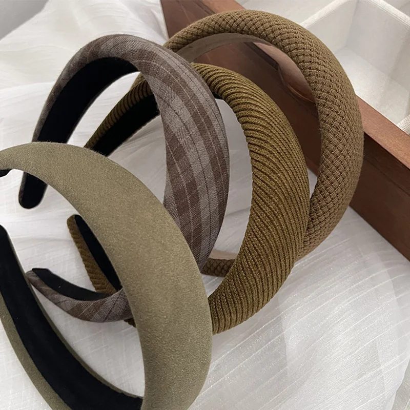 

Green Hair Hoop Plaid Striped Hairband Knitted Head Hoop Vintage Thicken Sponge Padded Headband Autumn Winter Makeup Hairband