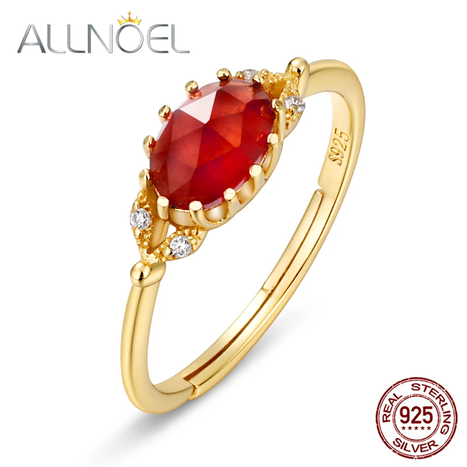

ALLNOEL 925 Sterling Silver Rings For Women 5 * 7mm Natural Orange Garnet Adjustable Ring Engagement Wedding Party Fine Jewelry