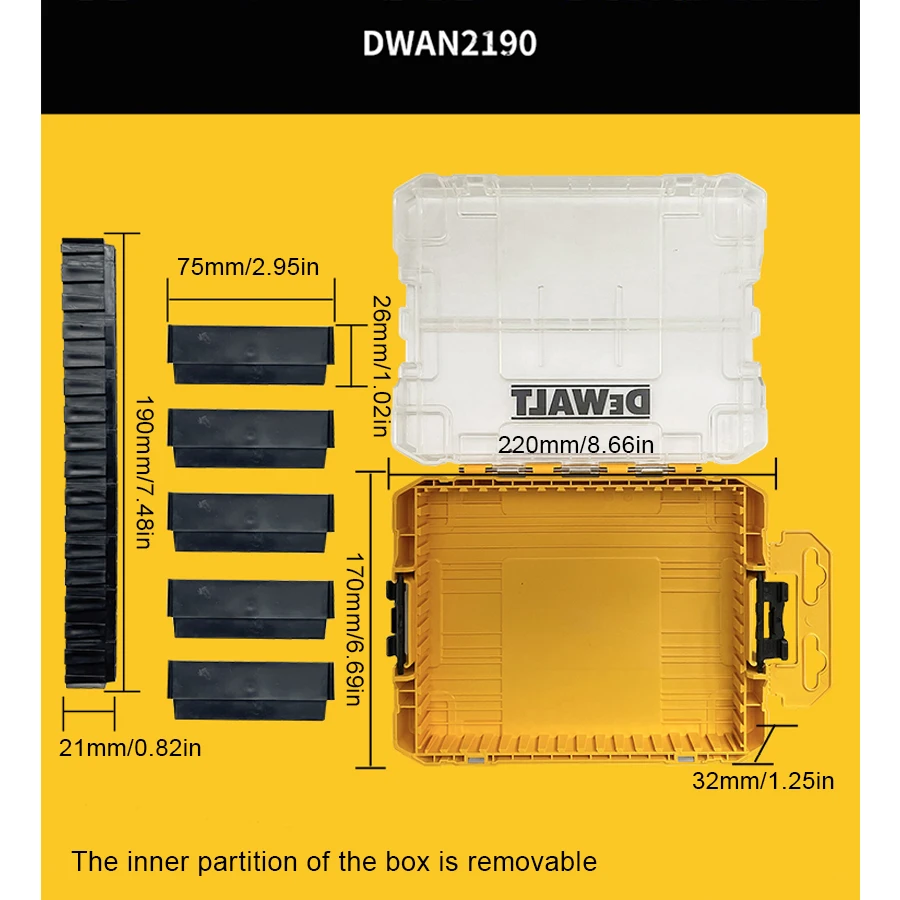 

DEWALT Средний прочный чехол, набор/коробка для хранения деталей, прозрачная пластиковая многофункциональная штабелируемая коробка DWAN2190