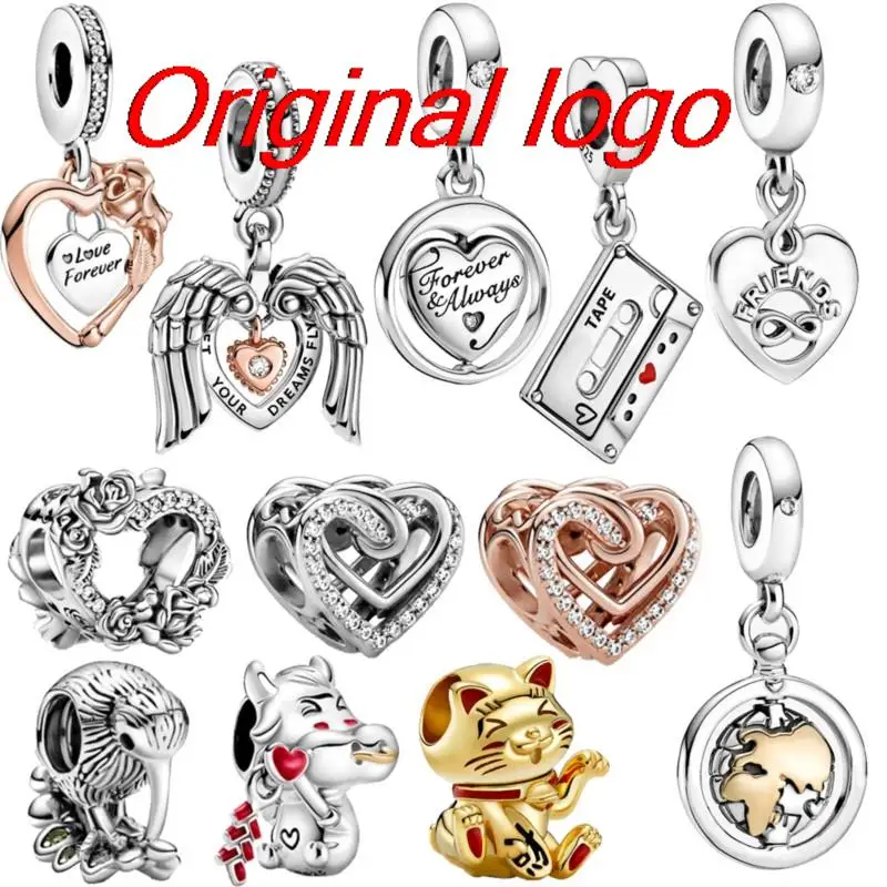 

2021 New 925 Sterling Silver Beads Angel Wings Hearts Rose Flowers Charms Fit Original Pandora Bracelet Women Jewelry DIY Gift