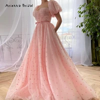 arietta baby pink hearty tulle maxi prom dresses sweetheart short puff sleeves a line wedding party dresses formal evening gowns