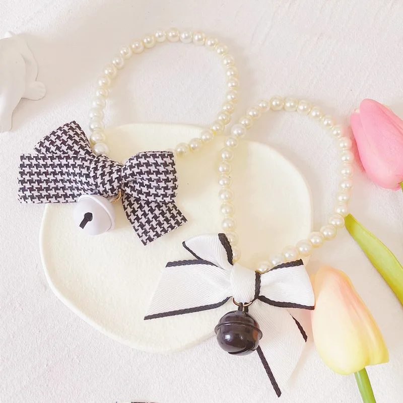 

New Cat Dog Elastic Rope Necklace Pearl Bow Pet Collar Bell Necktie No Burden Light Dog Cat Neck Collar Decoration Pet Accessory