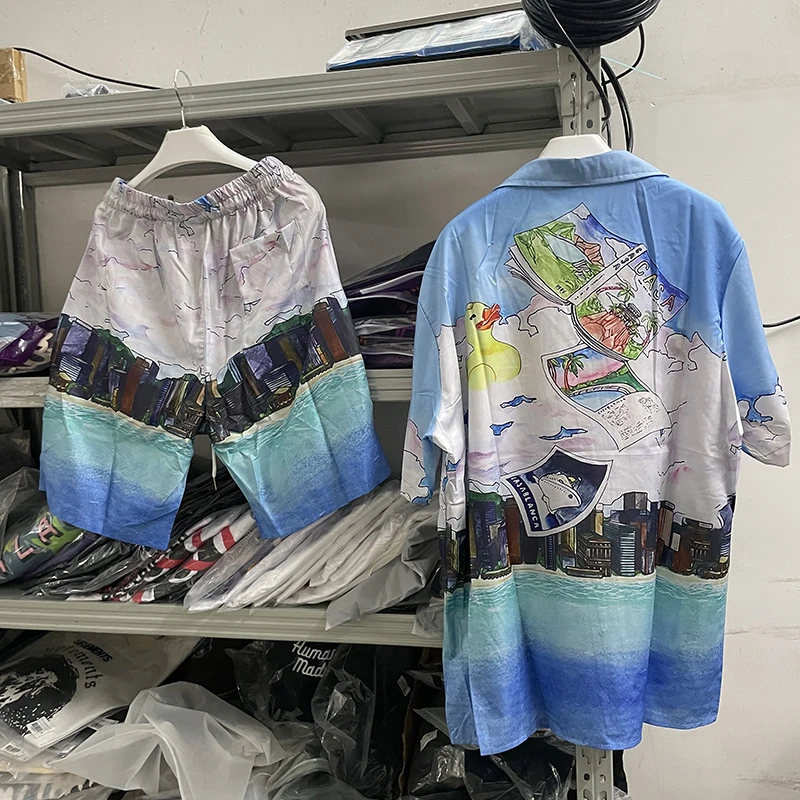 

23SS Высококачественная пляжная рубашка с принтом здания, для мужчин и женщин, Гавайские рубашки, футболки Lil Peep