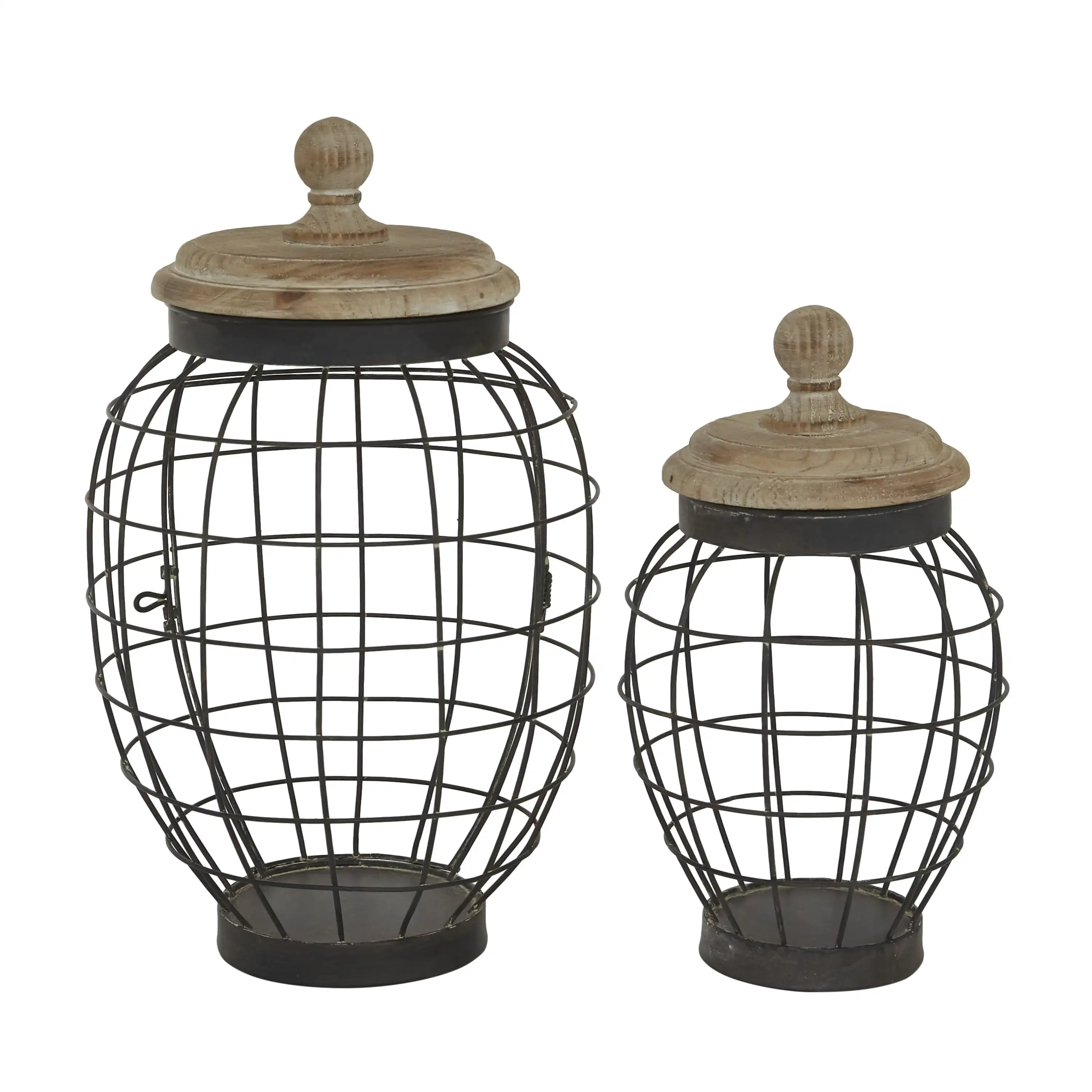 

15"H Black Metal Caged Style Decorative Jars with Wood Lids, 2-Pieces
