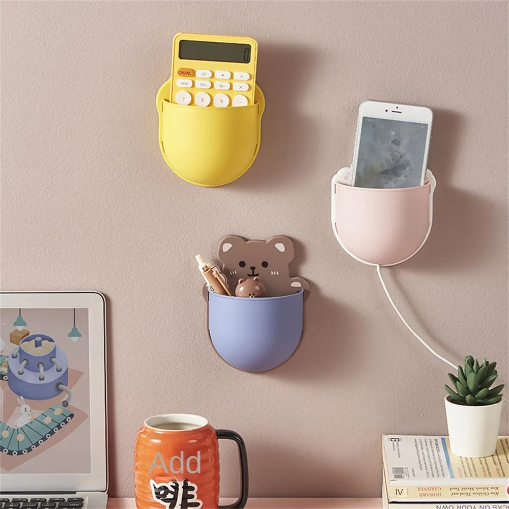 

Cute Cartoon Sorting Basket Cartoon Hole-free Storage Box Household Wall-mounted Mobile Phone Rack No Punching On The Wall Small