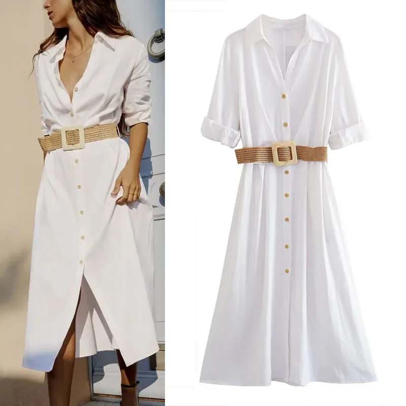 

TRAF White Shirt Dress For Woman 2023 Summer Office Long Dress Vintage Belted Vestidos Female Clothing Short Sleeve Party Dress