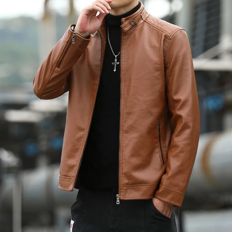 

2023 Autumn New Men's Slim Fit Stand Collar Casual Leather Youth Stand Collar Stitching PU Leather Jacket