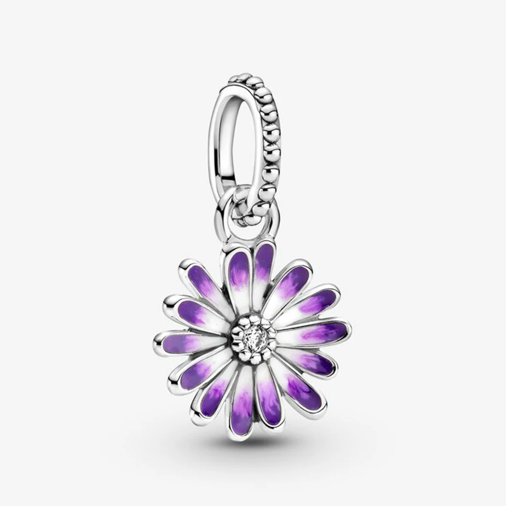 

925 Silver Purple Daisy Plated Pendant Fit For Romantic Pandora Bracelet DIY Girls Jewelry Banquet Party Gifts