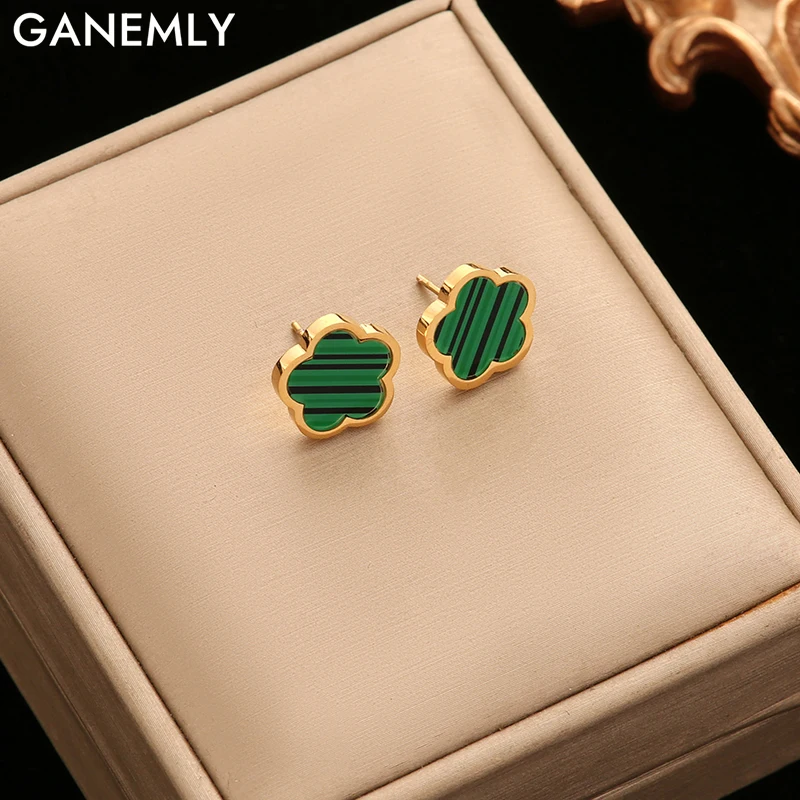 Серьги-гвоздики GANEMLY из нержавеющей стали 316L с зеленым цветком сливы пятилистным