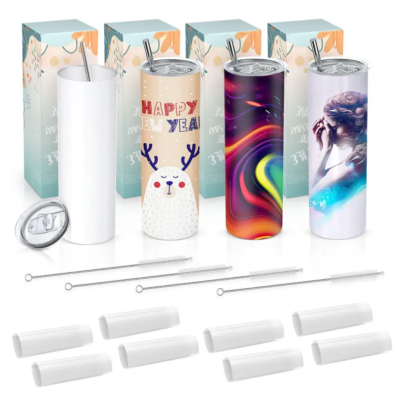 

20oz/30oz Sublimation Blanks Straight Skinny Stainless Steel Tumblers With Shrink Wrap Films Great DIY Gift Mugs Cups (2/4 Pack)