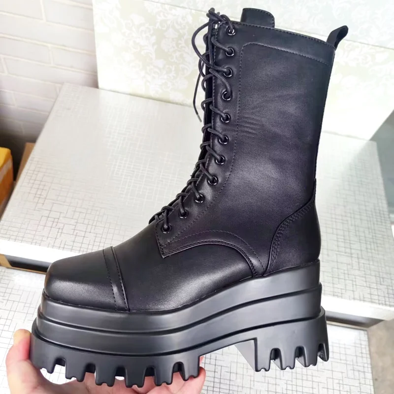 platform ankle boots for women autumn winter combat work biker military boot brand classic lace-up black side zipper woman shoes