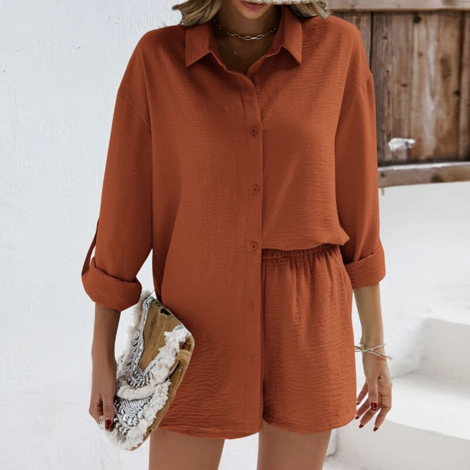 

Women Long Sleeve Top Shorts Solid Color Casual Shirt Short Pants Elastic Waist Turn Down Collar Single Breasted Vacation Outfit