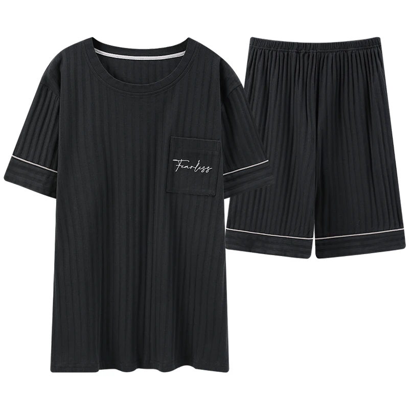 

Men's Pajamas Set Summer Leisure Elastic Waist Loose Leisure Men Cotton Sleepwear with Pocket Men's Short Sleeve Pant Homewear