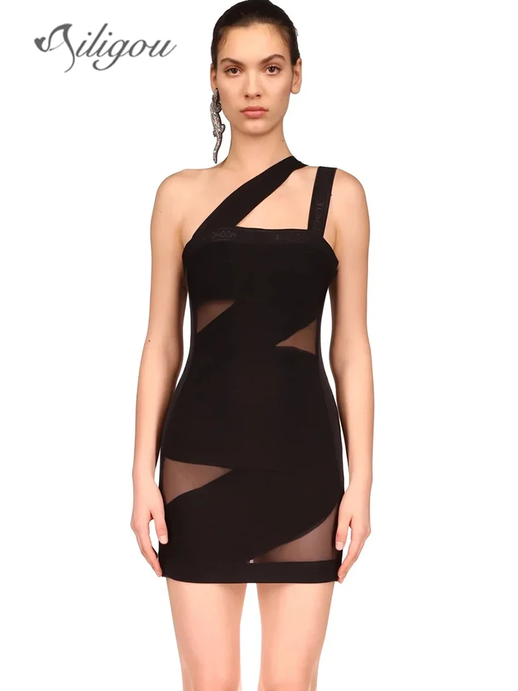 

Ailigou 2023 New Women's Black Tight One Shoulder Bandage Dress Sexy Mesh Sleeveless Celebrity Club Evening Dress Vestidos
