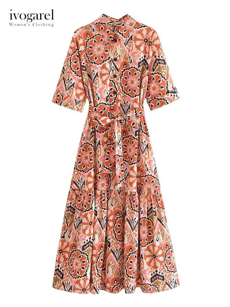 

Ivogarel 2023 Women's Elegant Printed Long Dress Boho Vintage Style Lapel Collar Short Sleeves Evening Parties or Casual Wear