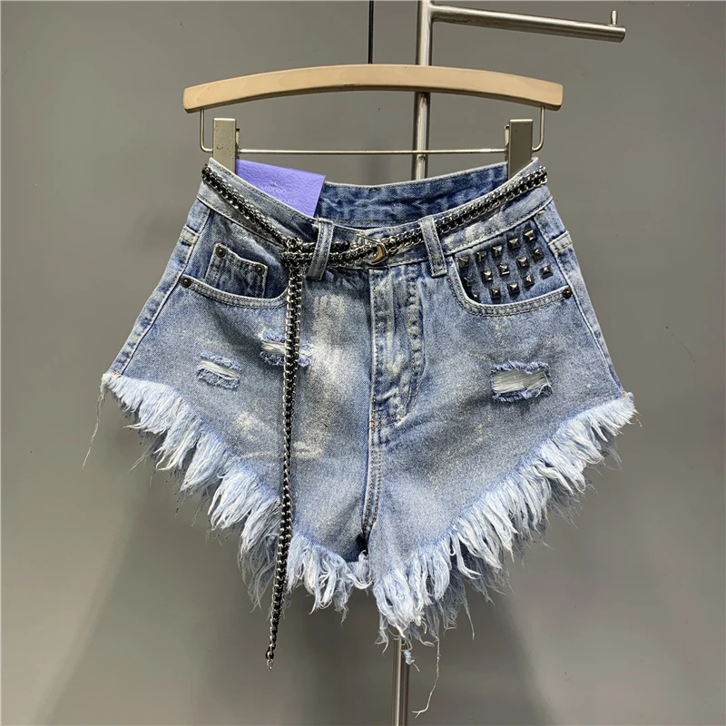 

Sexy Hot Girl Rivet Jeans Tassel Edge A- Line Denim Shorts 2022 Summer New Street Jean Women Ripped Wash Jeans Shorts Hot Pants