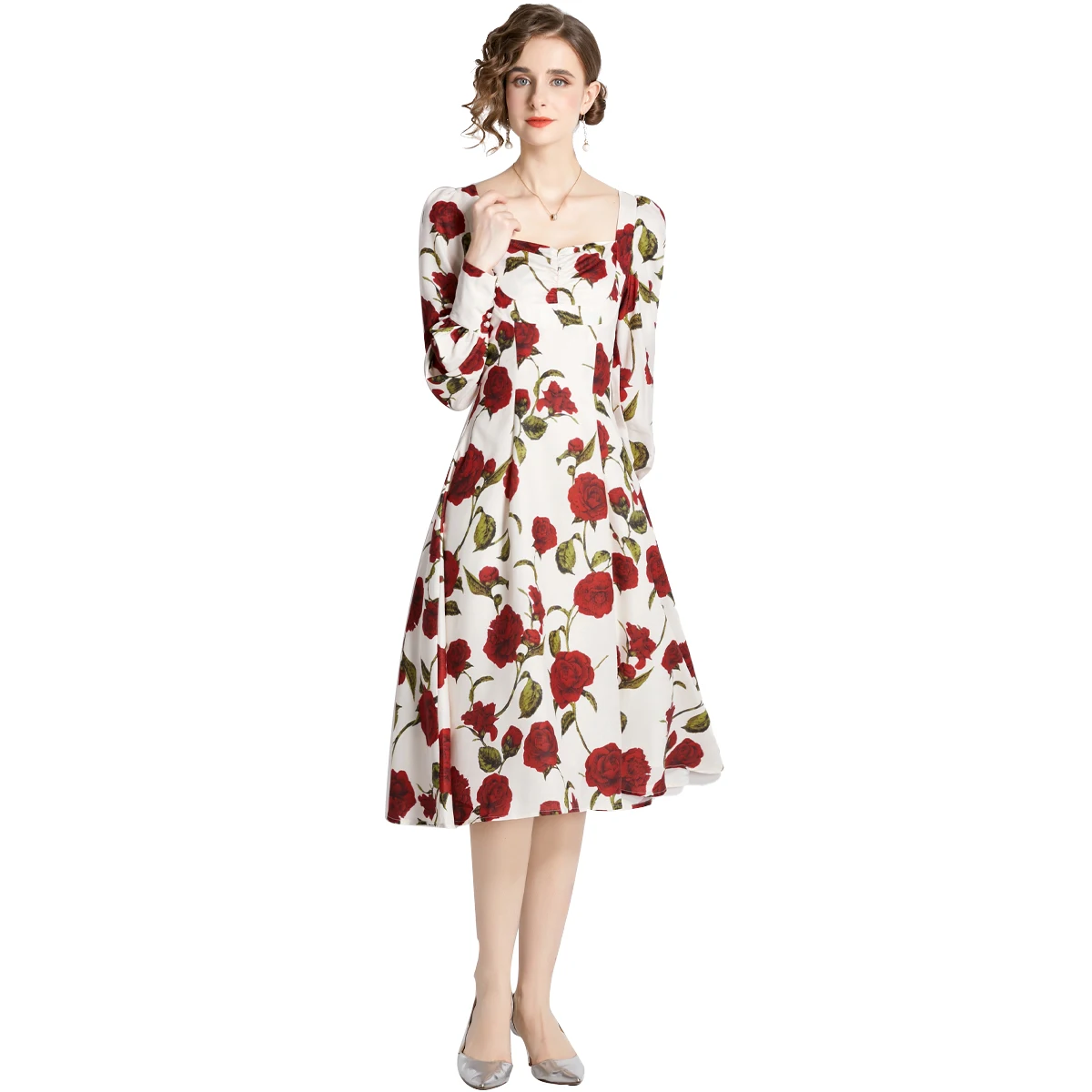 

Simgent Vintage Dress Women 2022 Autumn Long Sleeve Square Collar Elegant A Line Print Dresses Robe Femme Jurken SG28182