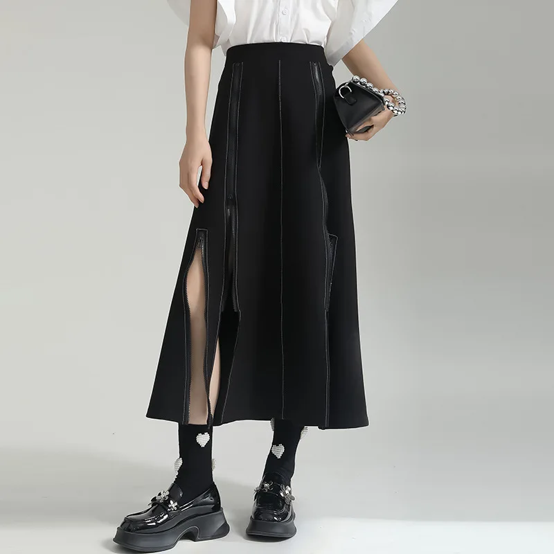 

Женская трапециевидная юбка, Элегантная черная Лоскутная юбка с высокой талией и соединением на молнии, Летняя одежда для женщин