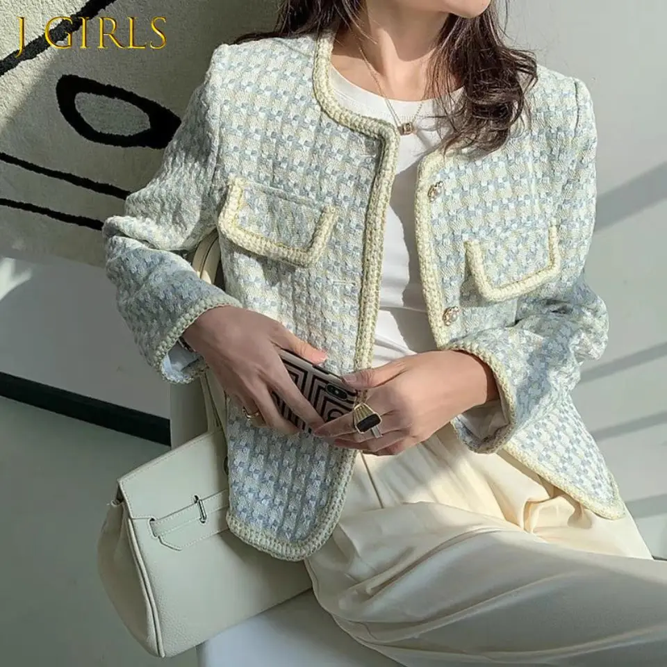 

J GIRLS Basic Jackets Women Elegant Ladies French Style Tender Houndstooh Single Breasted Mujer O-neck Charming Simple Daily