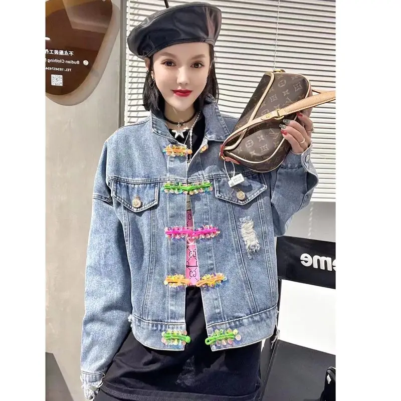 

2022 New Statement Sequin Button Loose Casual Denim Jacket Coat For Women Free Shipping