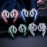 brand women fashion jewellry elegant leaf shape cubic zirconia inlay blue green crystal stud earrings