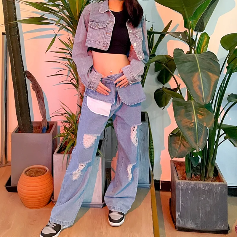Y2K Harajuku Letter Ripped Trousers Ladies High Waist Solid Color Loose Straight Jeans Pocket Hip-hop Casual Trousers Streetwear