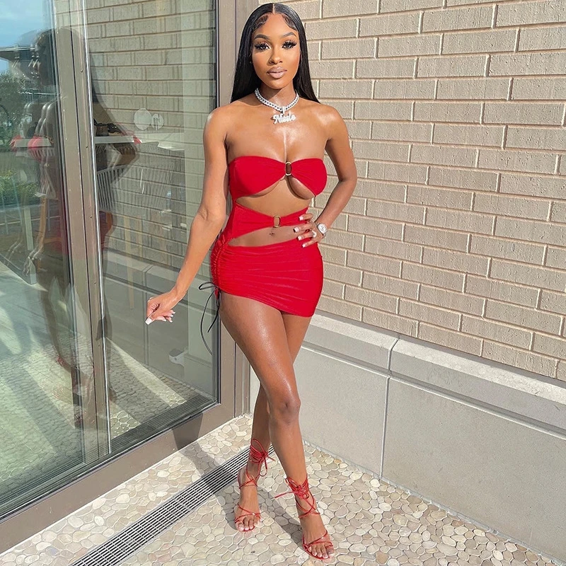 

Strapless Hollow Out Red Sexy Dress Women Summer Clothes Clubwear Backless Bodycon Dress Drawstring Skinny Mini Club Party Dress