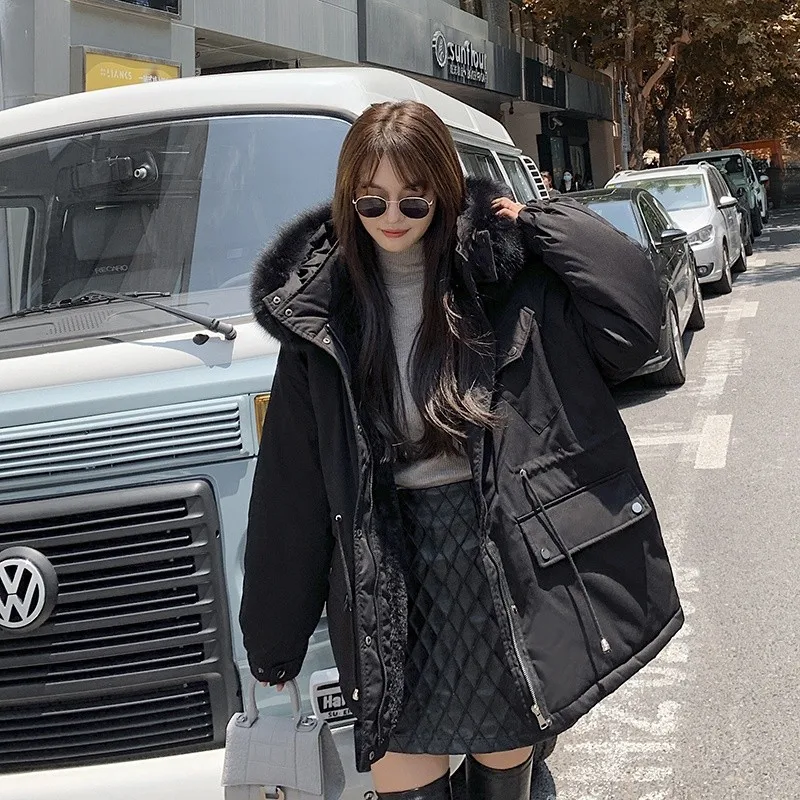 Women Fashion Fur Collar Hooded Loose Long Parkas Winter Coats Thick Cotton Padded Jackets Female Solid Loose Casual Overcoat