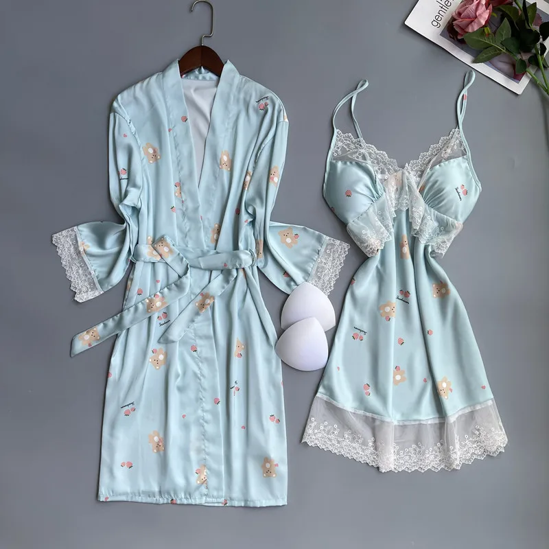 

Women's Sleepwear Printed Bear Rabbit Robe Set Sexy Lace Edge Suspender Nightdown Bathrobe Satin Casual Home Clothes Kimono