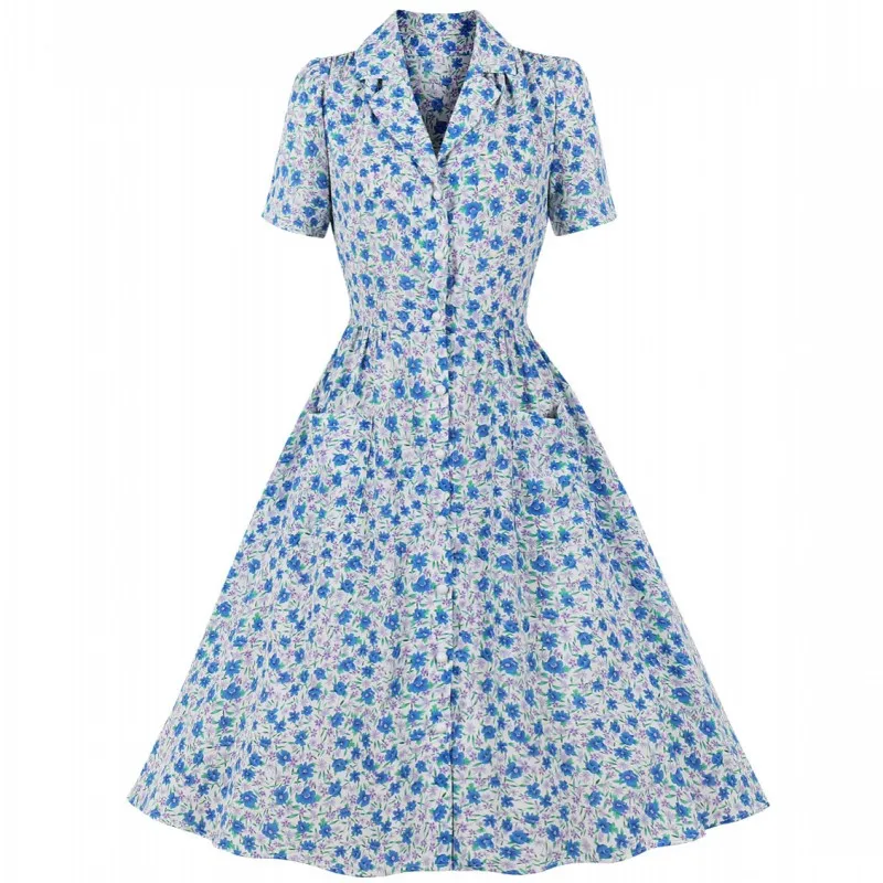 

2022 Women Summer Vintage Swing Dress Slim Short Sleeve Flower Print High Waist Elegant Office Lady Party Midi Sundress Robe