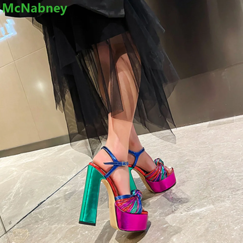 Colorful Weave Platform Elegant Sandals Chunky Heel Slingback Ankle Buckle Strap Peep Toe Hollow Sexy Fashion Shoes For Women