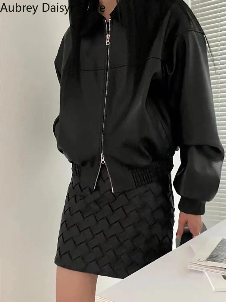 Korean Fashion Elegant Leather Jacket Women Vintage Streetwear Thin Moto Biker Zipper Jacket Winter Chic Y2k Cropped Pu Coats