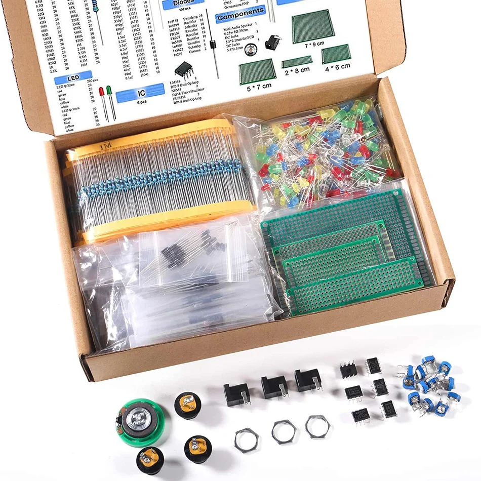 

1900pcs Mega Electronic Component Kit Assortment Capacitors Resistors LED Transistors Diodes 1n270 Germanium DC Jacks opamp PCB