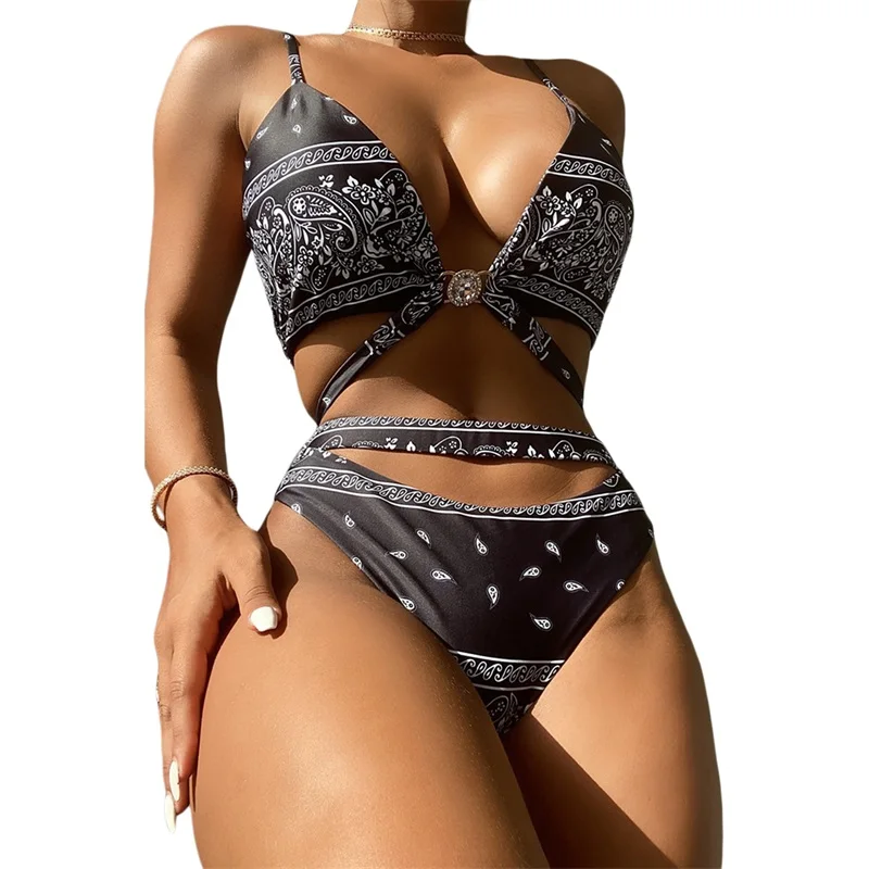 

Women’s Two Piece Bikini Set Vintage Printing Cross Bandage Camisole and High Waist Thong Summer Women Swimwear Swimsuits