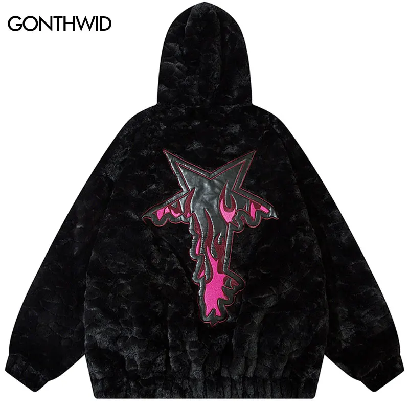 

Мужская Черная флисовая куртка с капюшоном из искусственного меха, уличная одежда с вышивкой звезд, модель 2023 года, свободные пушистые куртки в стиле хип-хоп Харадзюку