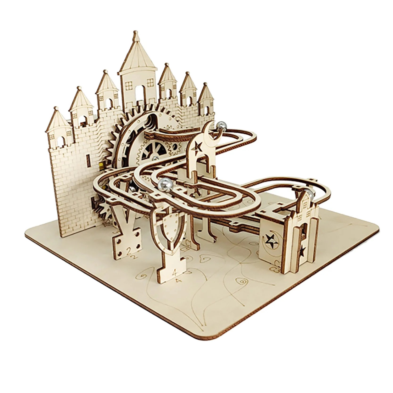 

3D Wooden Puzzle Castle Marble Run Rotating Track Mechanical Gears Constructor Engineering Kits for Adults Teens Gifts