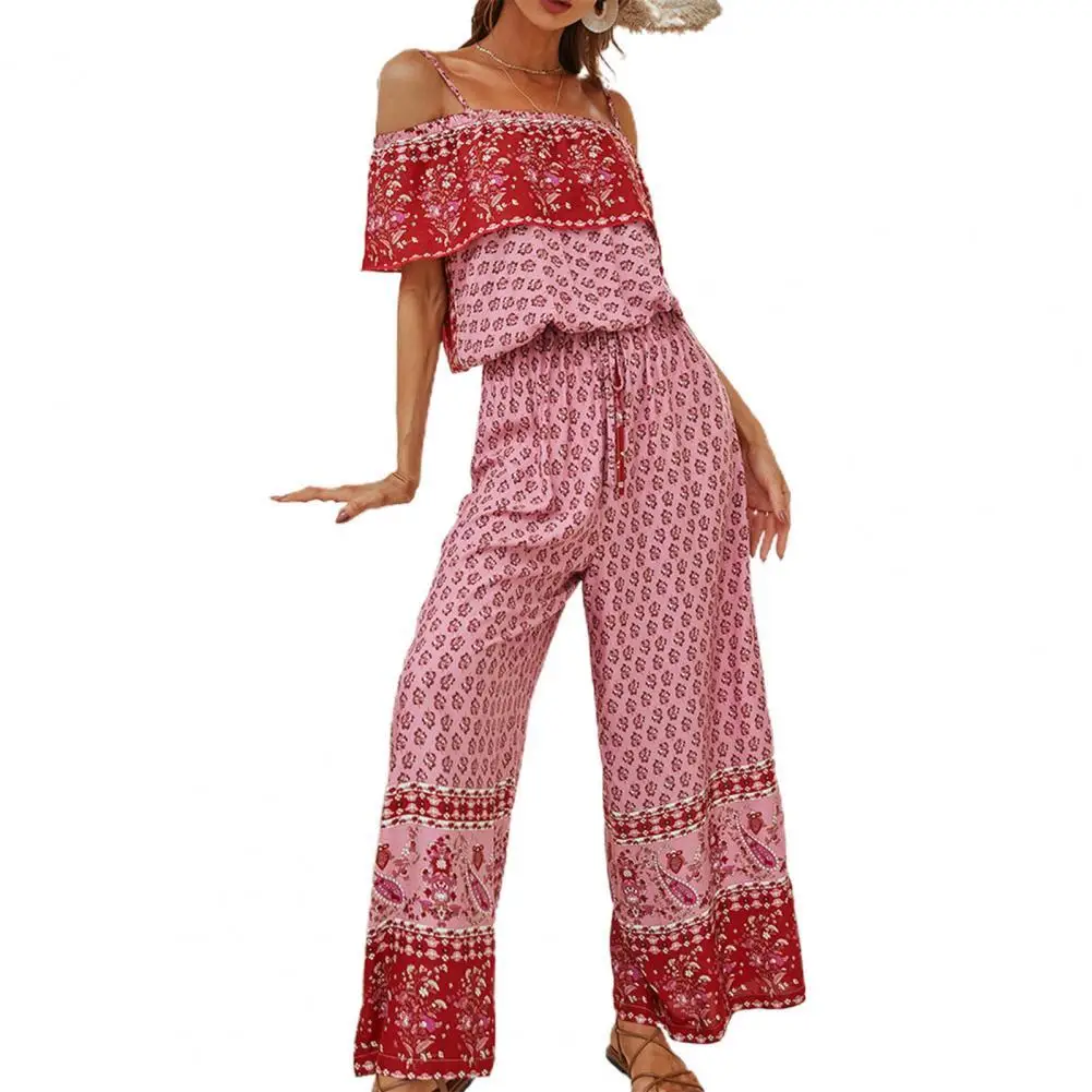 

Jumpsuit Women 2022 Summer Sleeveless Off Shoulder Patchwork Retro Print Wide Leg Elegant Jumpsuit Women for Party