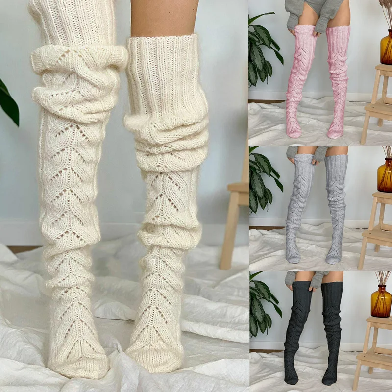 Knitted Leg Warmers Solid Color Hollow Mesh Long Over The Knee Stacked Socks Women Wool Winter Warm Socks Home Long Socks