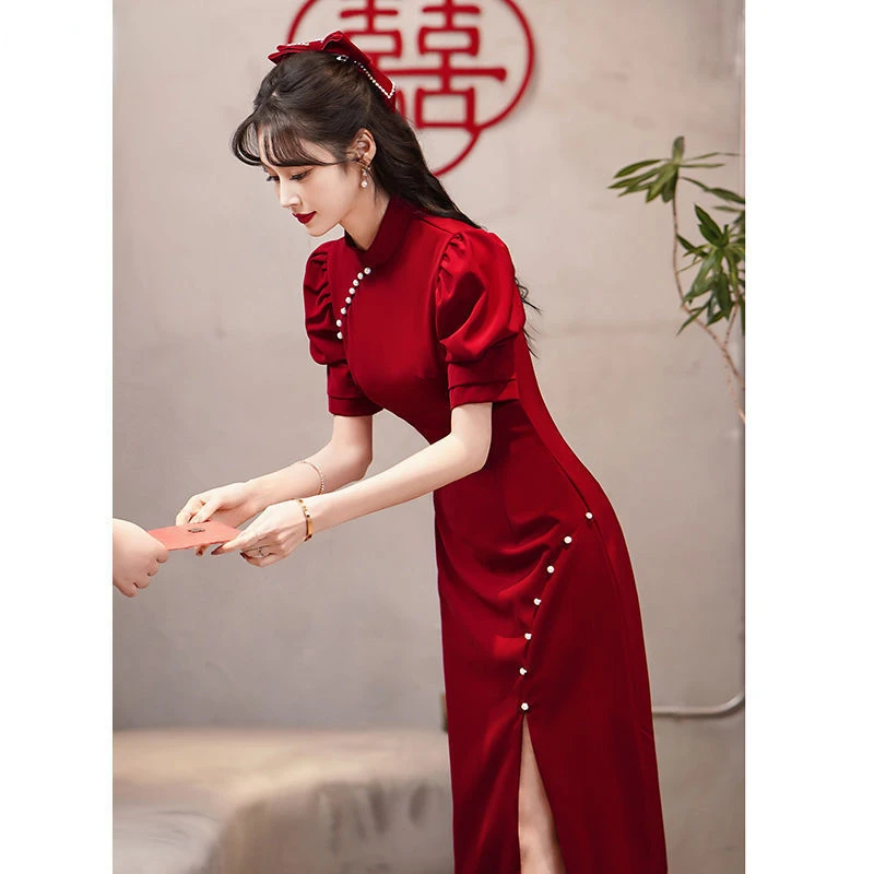 Bridal Wedding Chinese Qipao Dress Mandarin Collar Elegant Cheongsam Traditional Evening Dress Wind Red Oriental Qipao Vestido